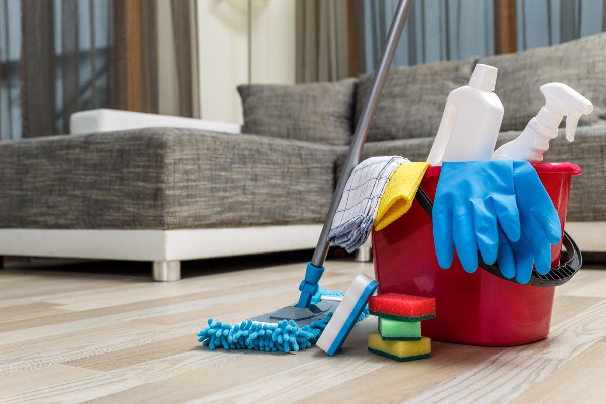 cleaning supplies in a livingroom